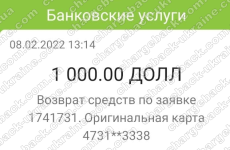 08.02.2022 возврат (chargeback) из Limefx 1000 USD